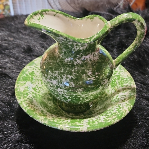Green and White Ceramic Pitcher with Saucer, Handmade & Painted. - Picture 1 of 8